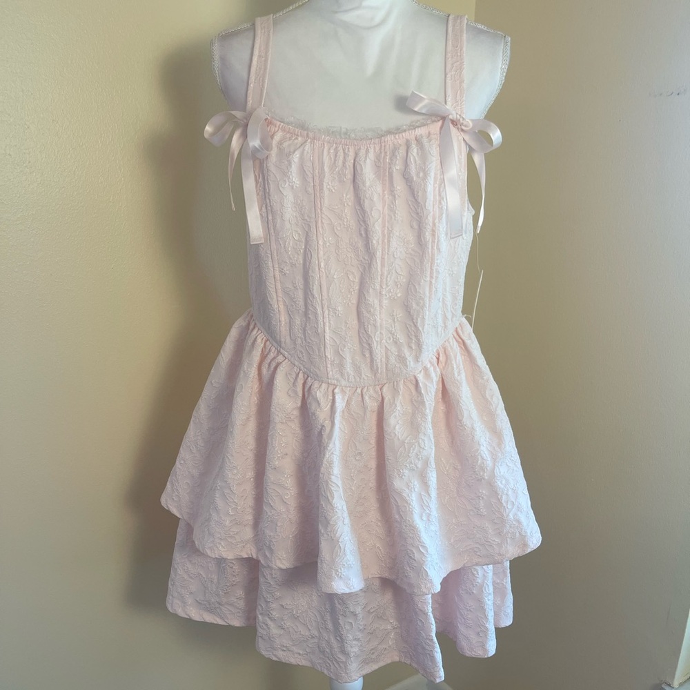 Pink Lace Corset Dress Bow Straps Tiered Mini XL Coquette Balletcore Barbiecore - Picture 2 of 14